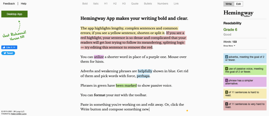 Hemingway App - Best Content Writing Tools for SEO