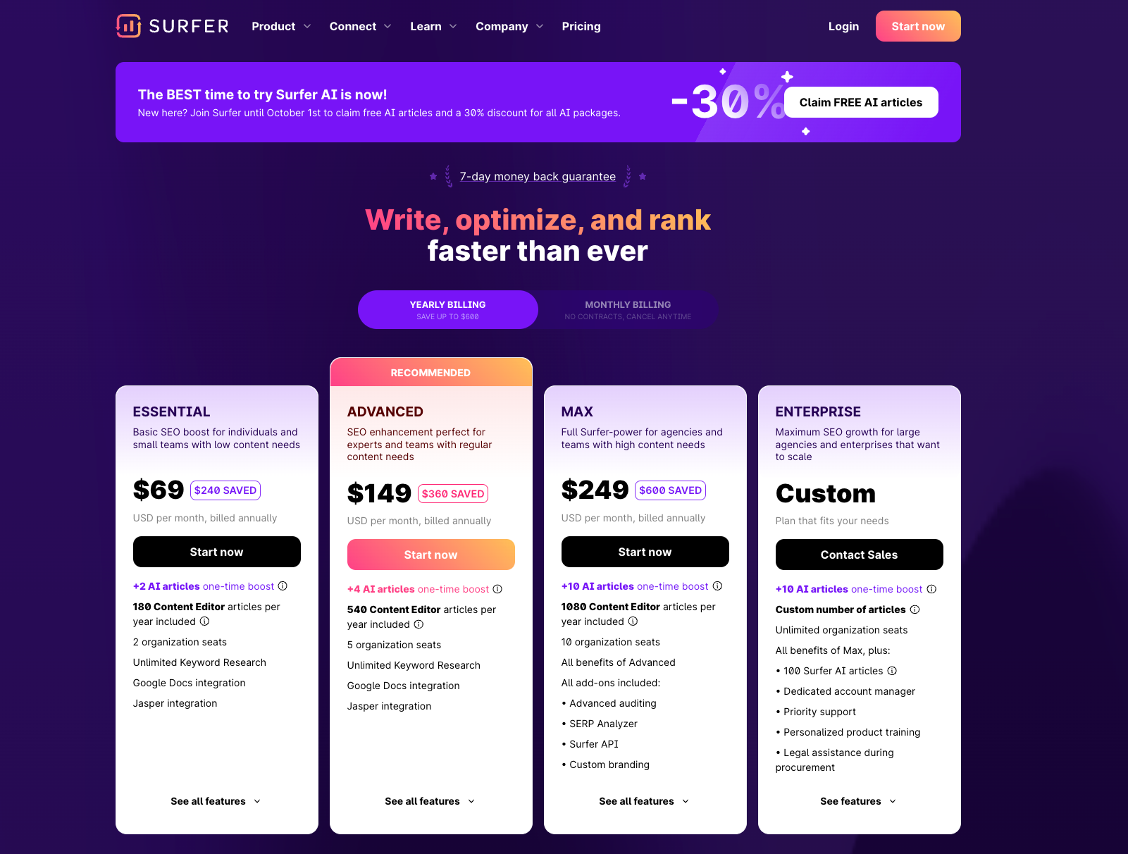 A screenshot of Surfer SEO pricing page with plans and prices