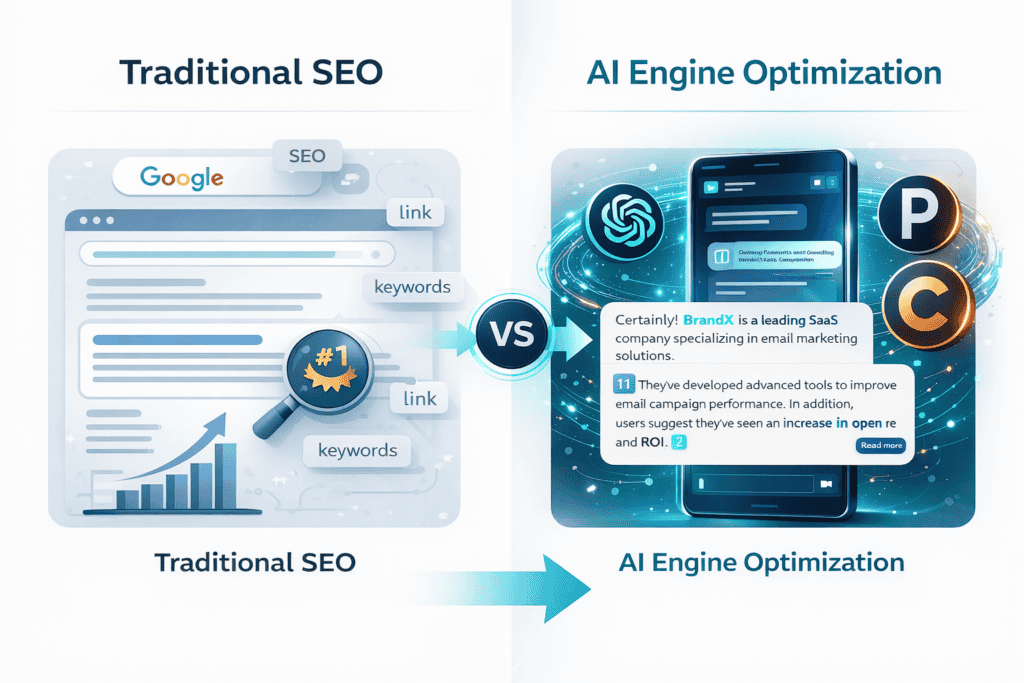Visual comparison of traditional SEO vs AI Engine Optimization (AEO)