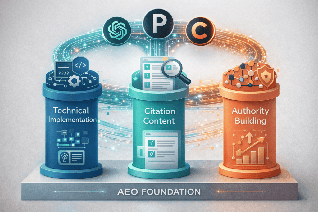 The three core components of AEO: Technical Implementation, Citation Content, and Authority Building