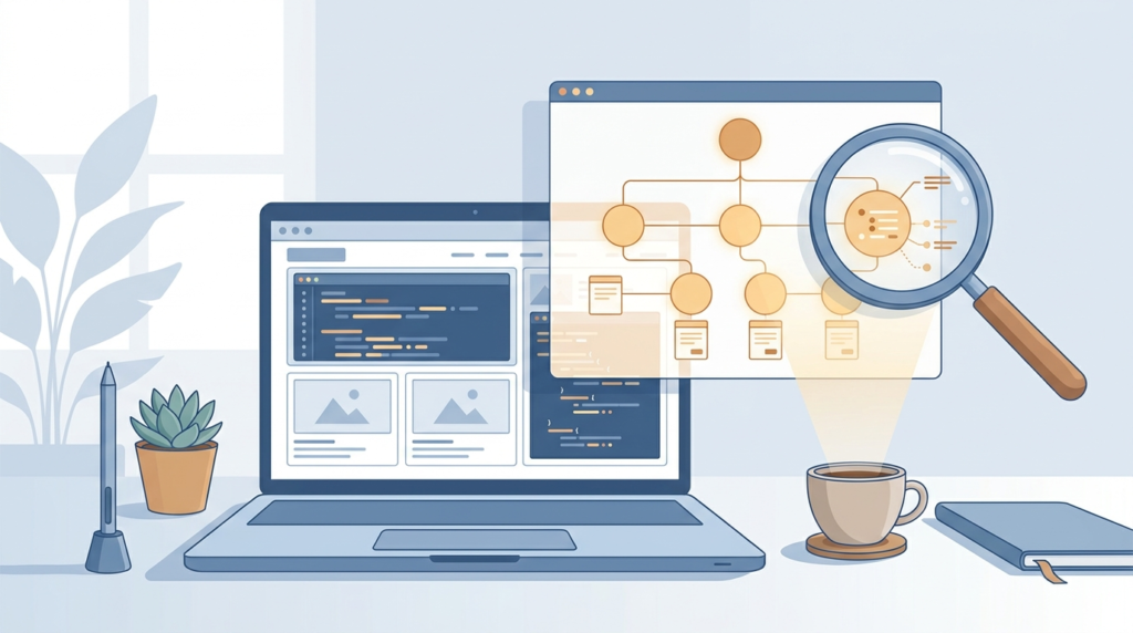 Laptop showing a website wireframe and code next to a site structure diagram under a magnifying glass, illustrating how web development decisions shape SEO