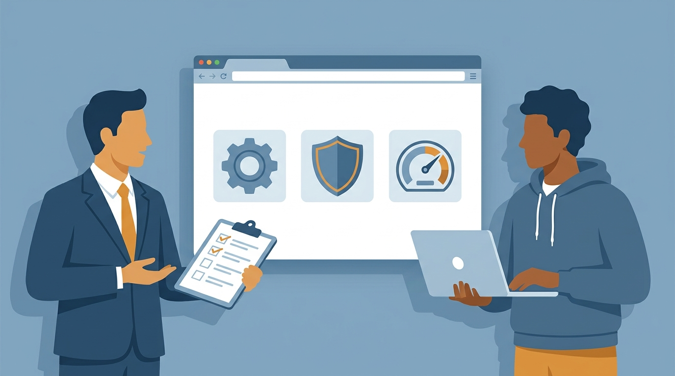 Business owner with a checklist interviewing a web developer beside a browser window showing speed, security, and ownership icons