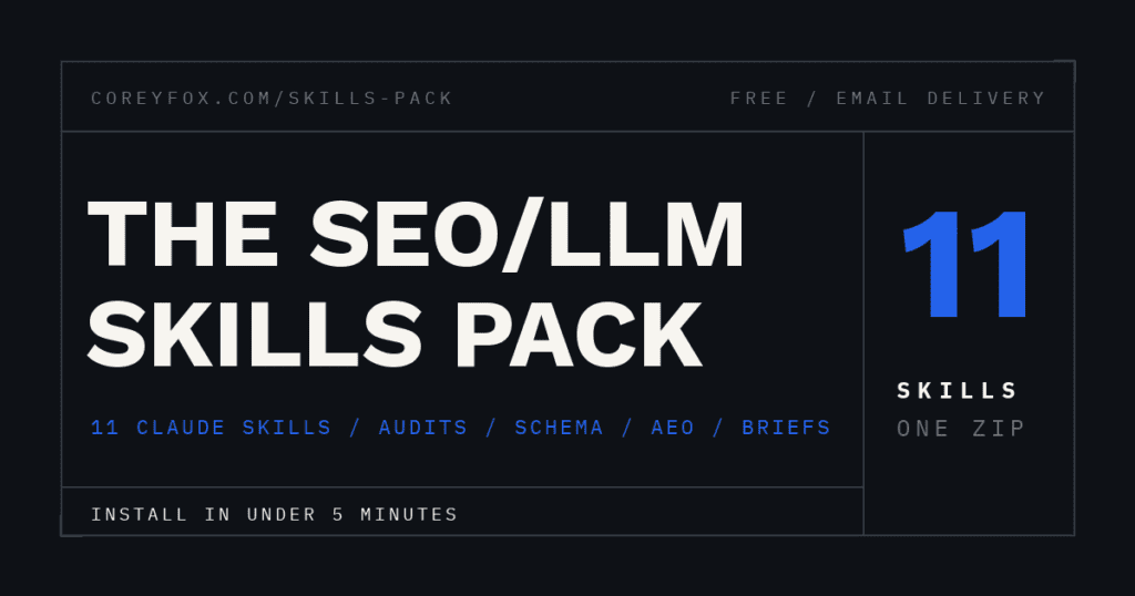 The SEO/LLM Skills Pack for Claude cover, 11 skills index